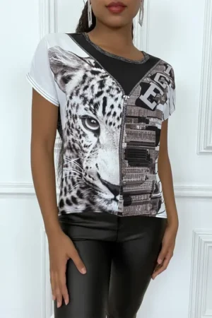 T-Shirt gris noir imprimé illustration Tigre