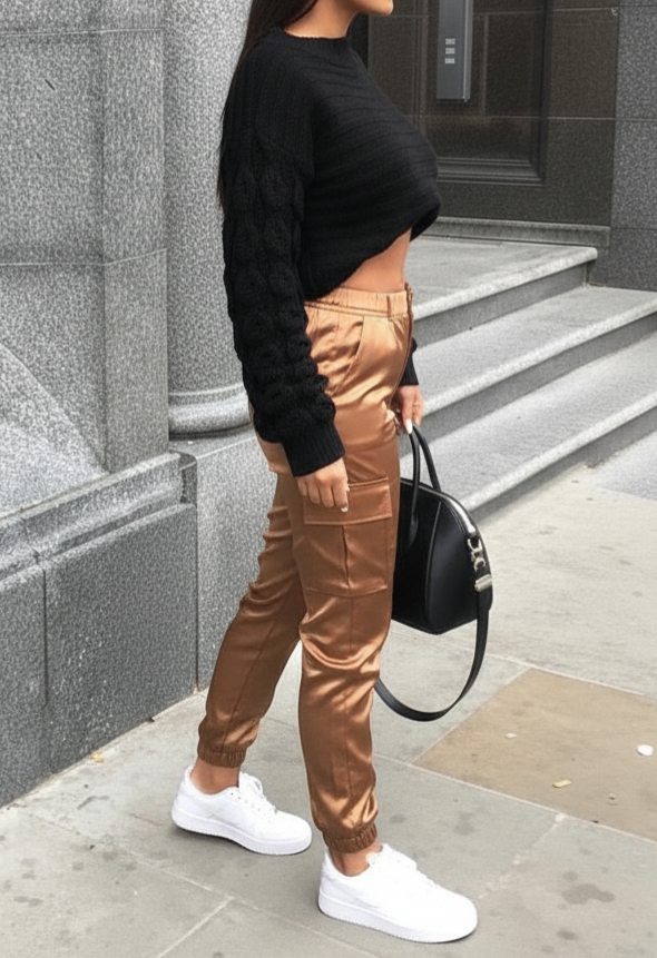 Pantalon cargo satiné brun – Image 2