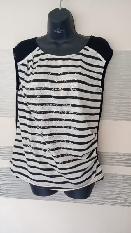 T-shirt sans manche rayures écritures argentées