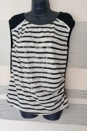 T-shirt sans manche rayures écritures argentées