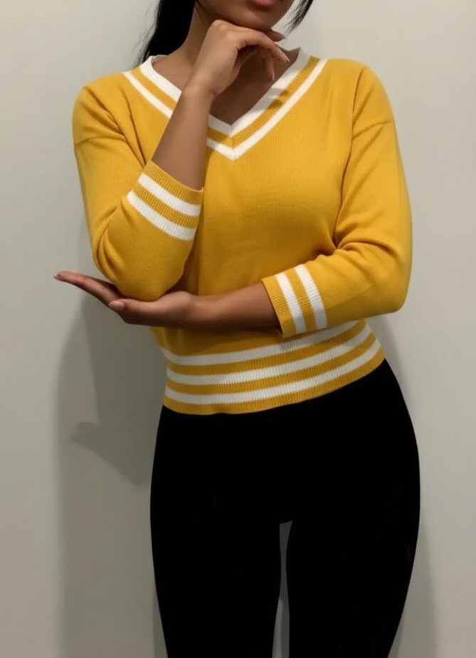 Pull casual Col V jaune – Image 2