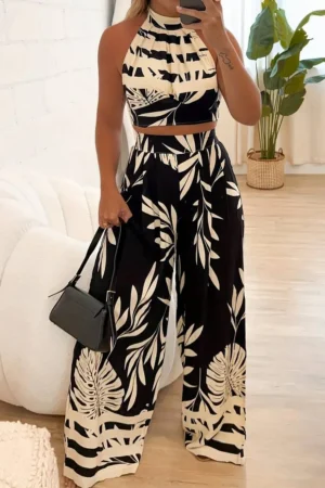 Ensemble Croptop Pantalon large feuilles