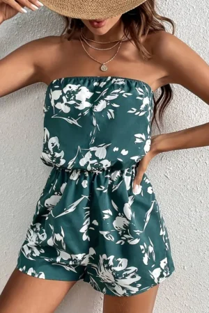 Combi short sans manche fleuri vert