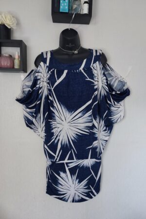 Robe d'été imprimé bleu strass fluide sur le haut épaules dénudées