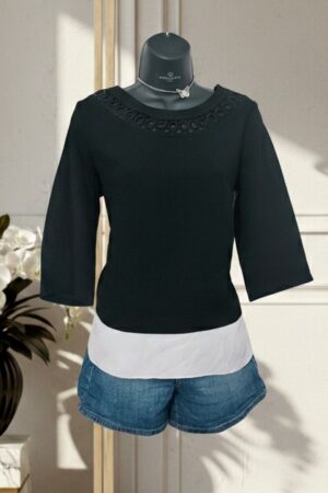 Blouse noir col rond à trous fausse chemise Atmosphère T38